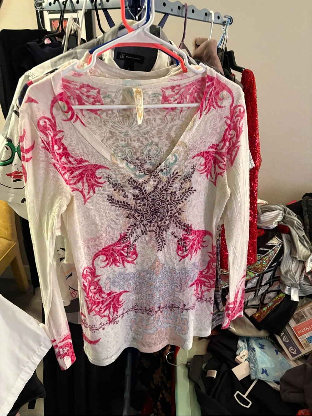 S-Twelve Cream Long Sleeve V-Neck Top with Pink and Purple Print